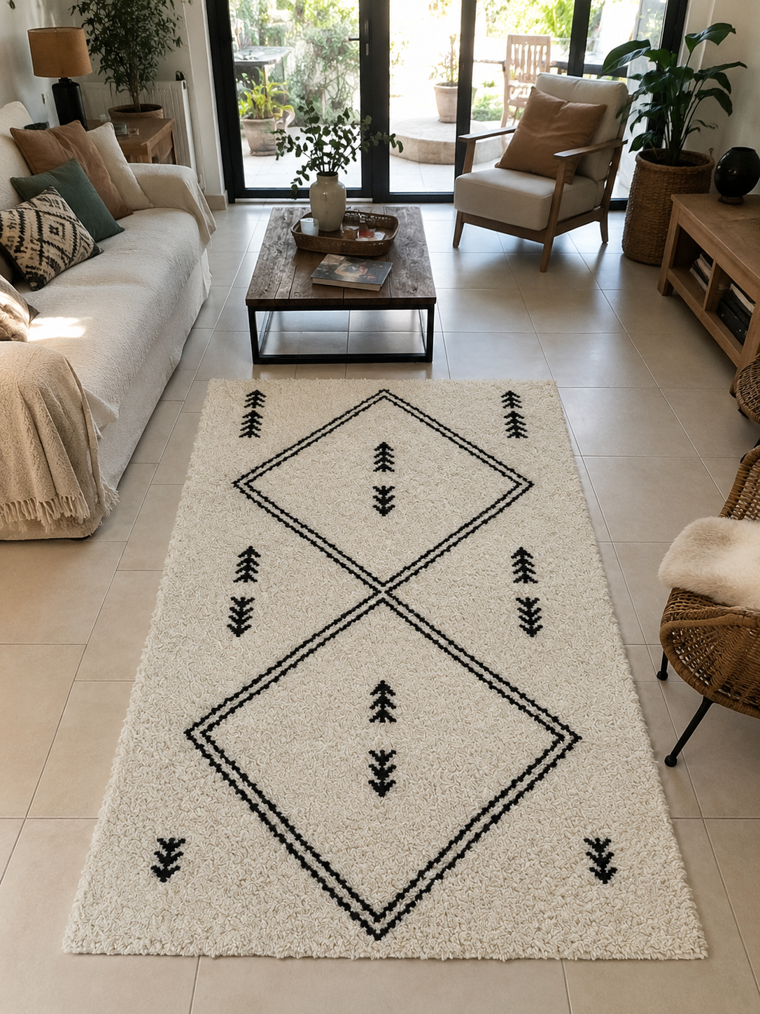 Tapis berbère Beni Ouarain ivoire à motifs losanges noir anthracite, poils denses, vue de dessus, fait main au Maroc