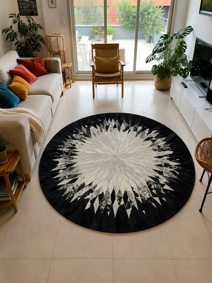 Tapis en cuir rond noir et blanc, patchwork à motif étoile géométrique, vue de face, fait main au Maroc