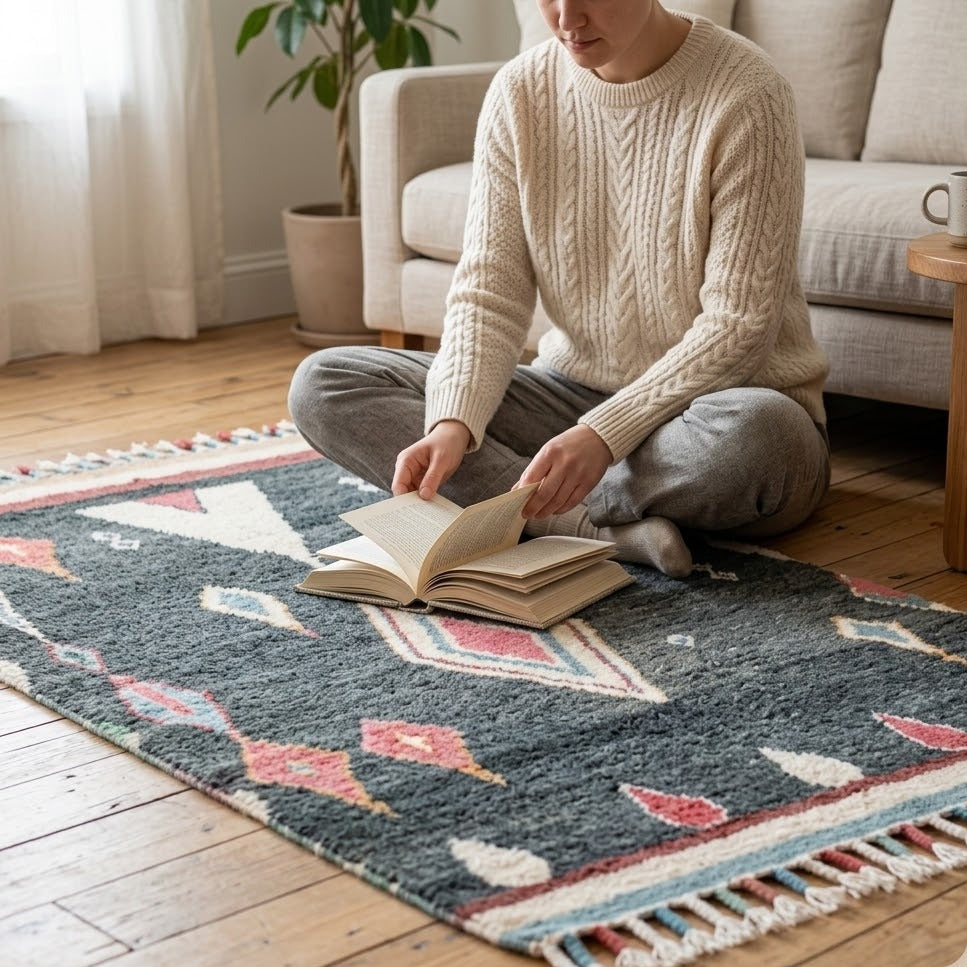 Tapis Azilal noir multicolore en situation dans un salon clair avec personne assise