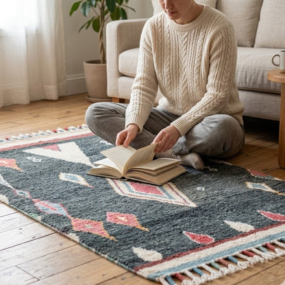 Tapis Azilal noir multicolore en situation dans un salon clair avec personne assise