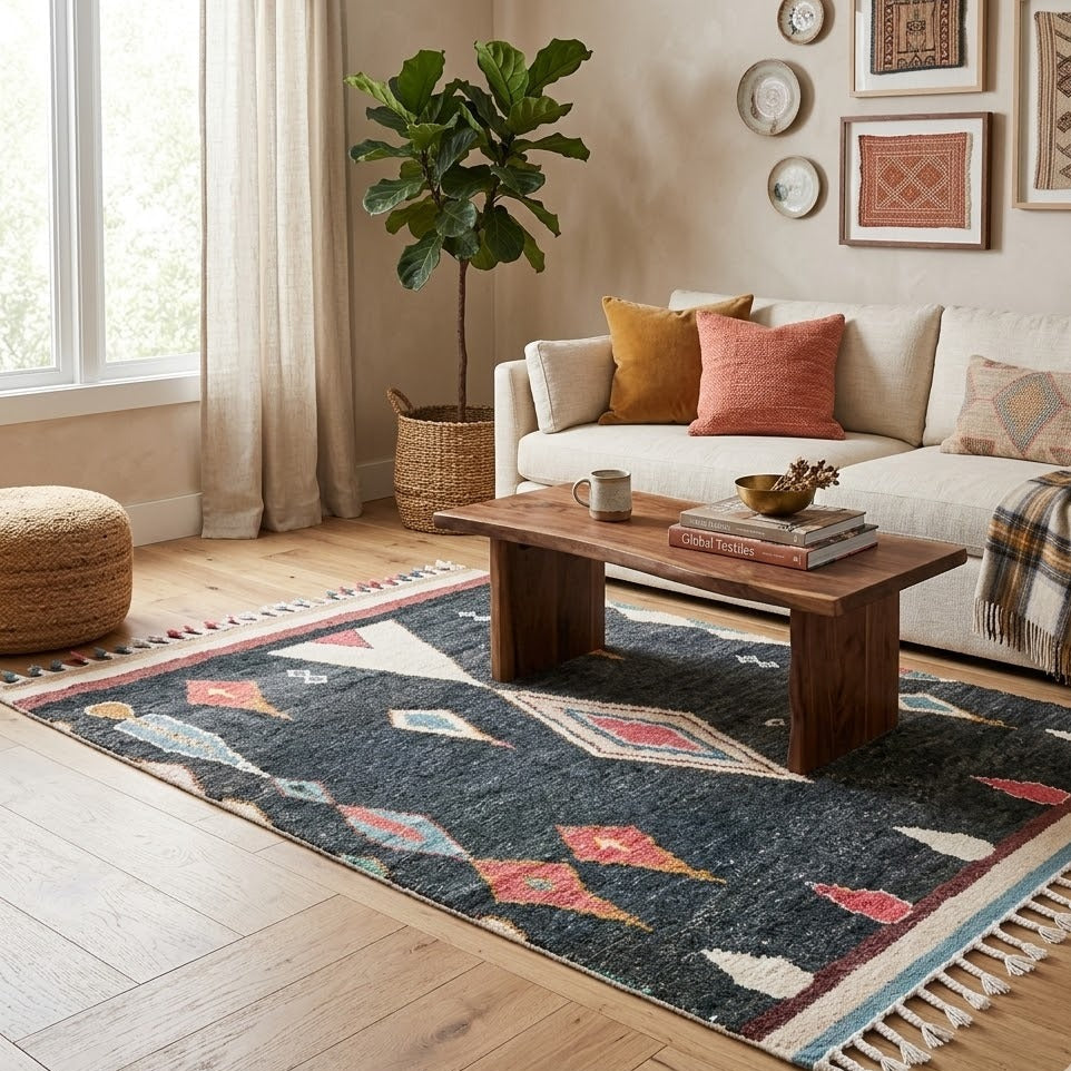 Tapis Azilal noir multicolore dans un salon avec canapé et table basse en bois