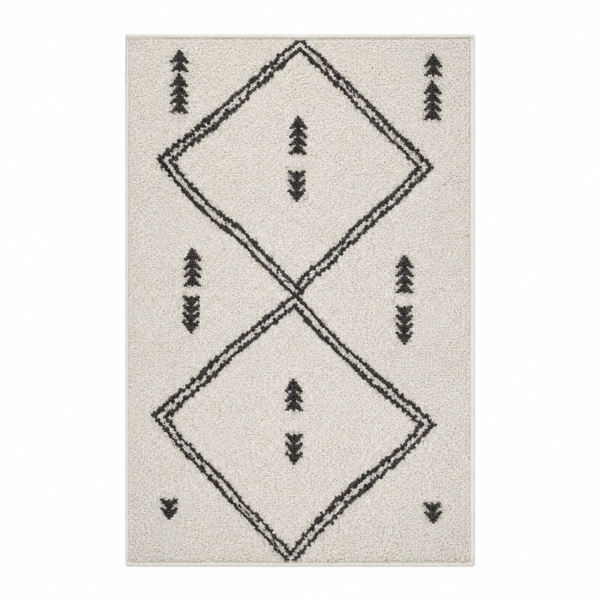 Vue de dessus tapis berbère Beni Ouarain ivoire motifs géométriques noirs
