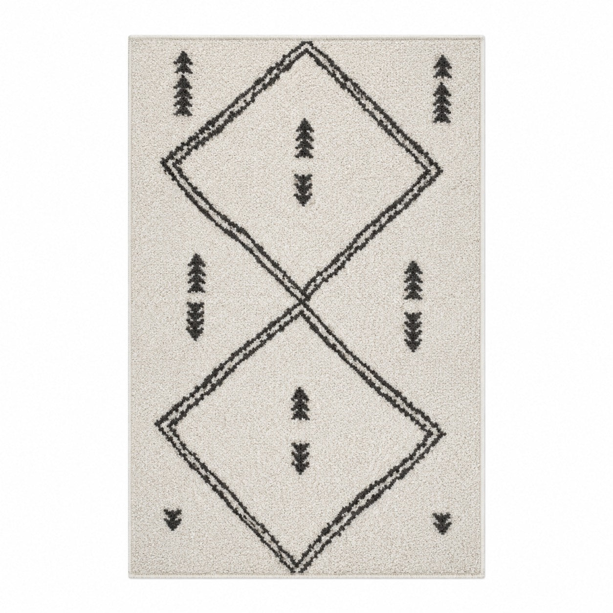 Vue de dessus tapis berbère Beni Ouarain ivoire motifs géométriques noirs