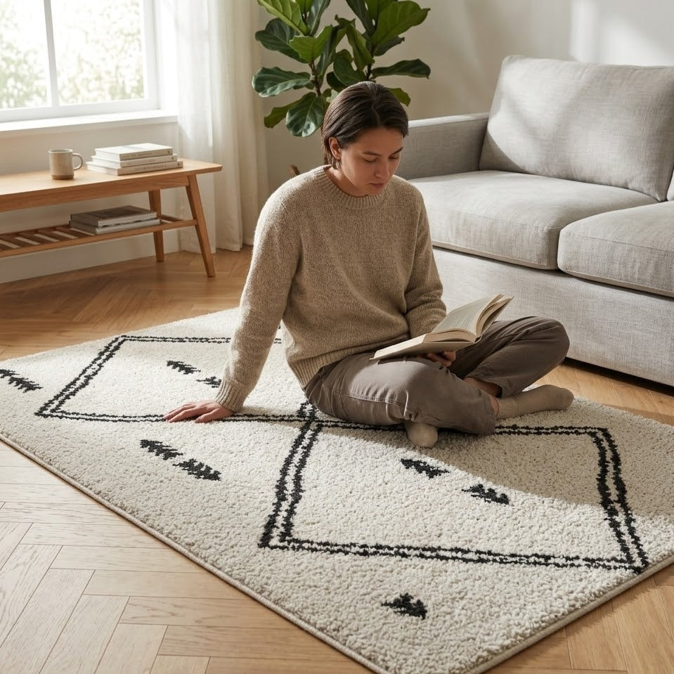 Tapis berbère Beni Ouarain ivoire motifs losanges noirs avec personne assise