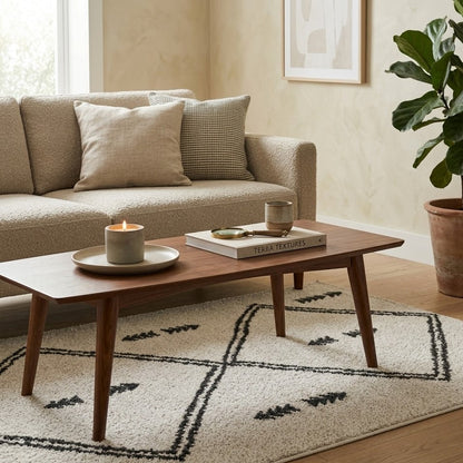 Tapis berbère Beni Ouarain ivoire et noir dans un salon avec table basse en bois