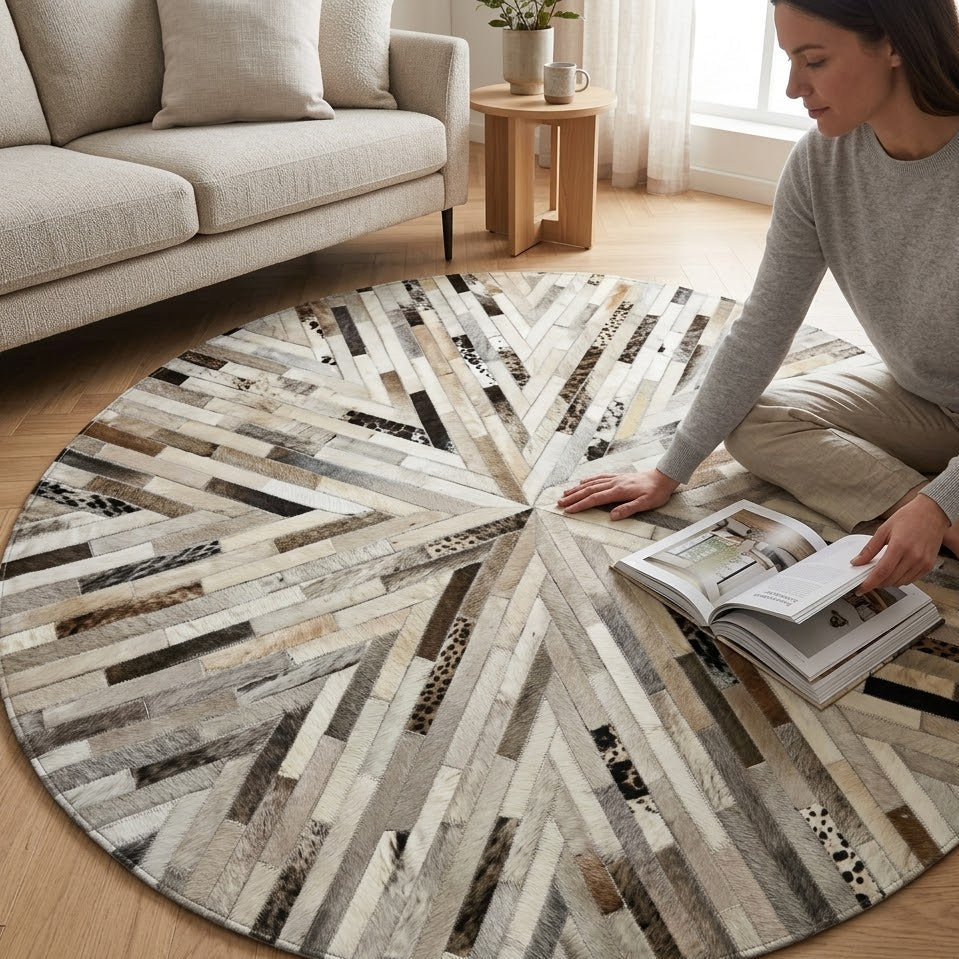 Tapis rond en cuir patchwork beige gris noir avec personne assise dans un salon
