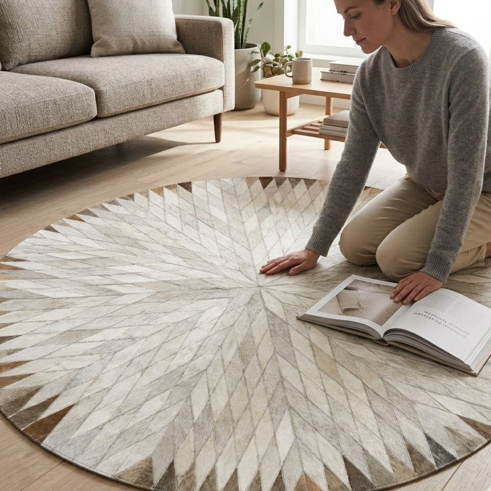 Tapis en cuir beige et gris rond en situation dans un salon clair avec personne agenouillée