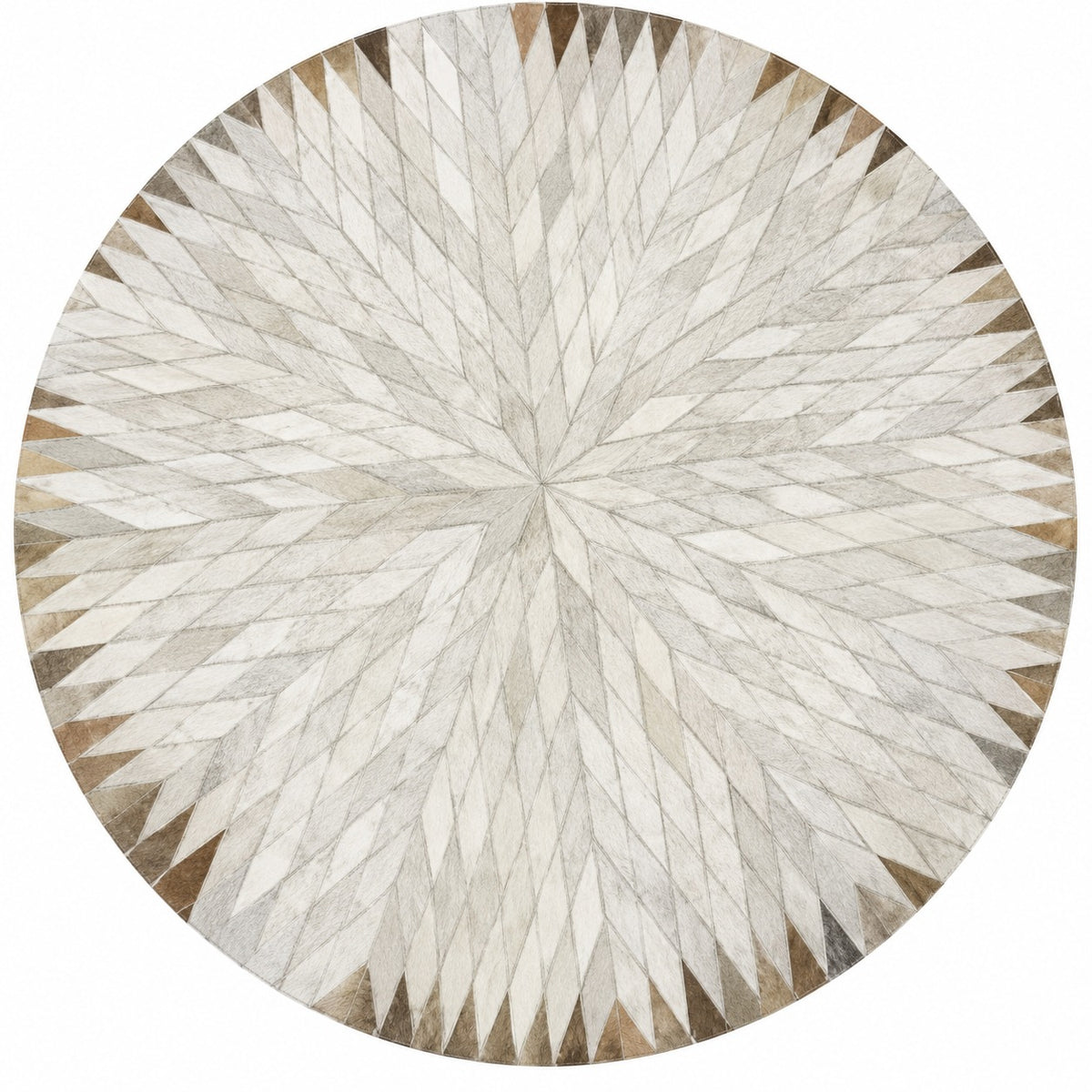 Tapis en cuir beige et gris rond vue détail assemblage patchwork motif étoile fond blanc