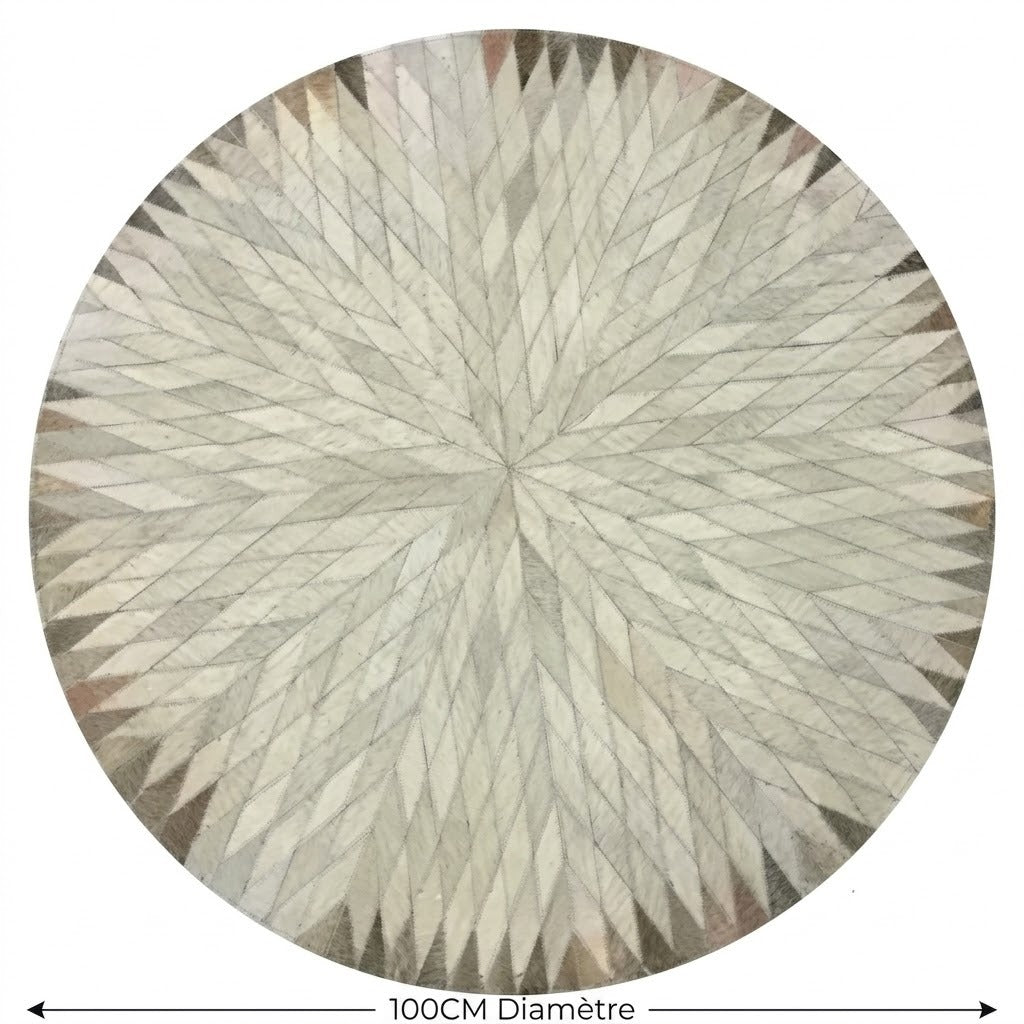 Tapis en cuir beige et gris rond patchwork étoile diamètre 100 cm fond blanc