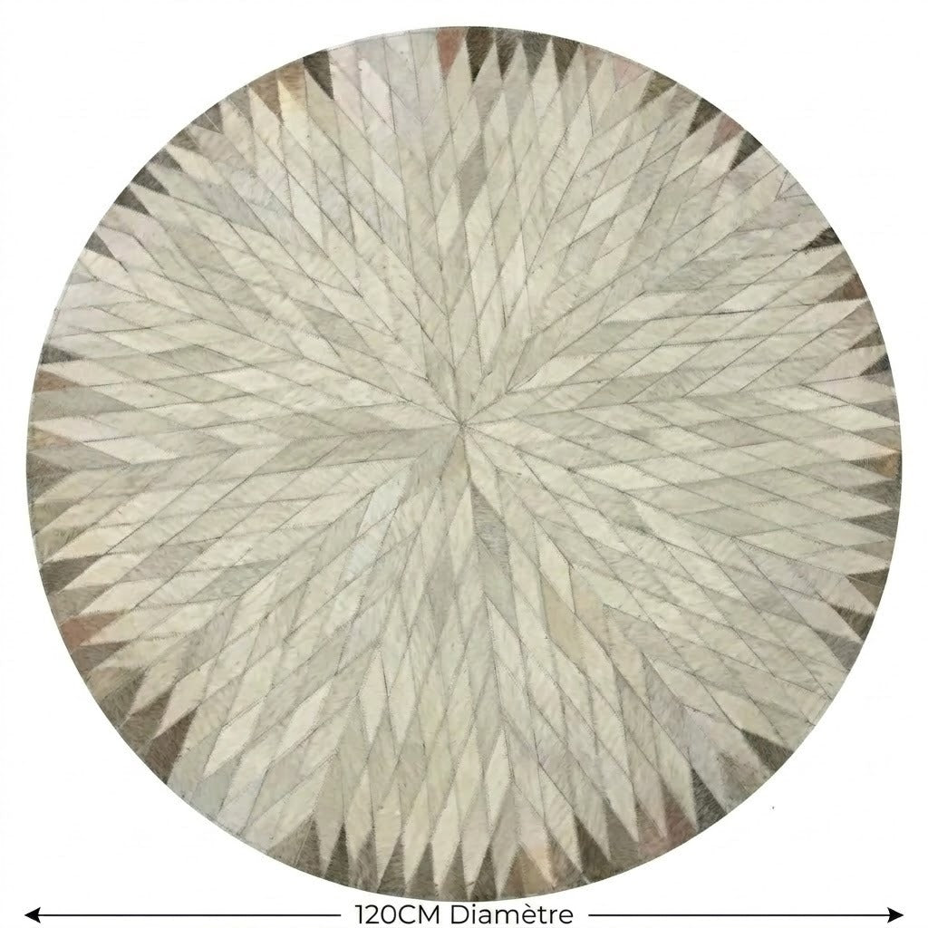 Tapis en cuir beige et gris rond patchwork étoile diamètre 120 cm fond blanc