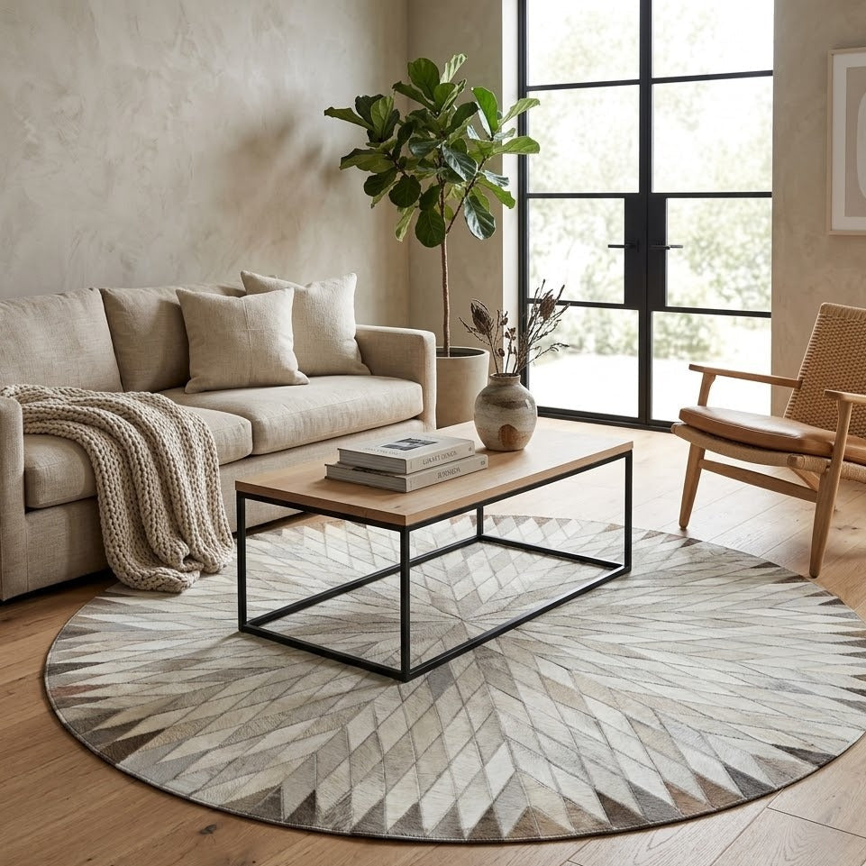 Tapis en cuir beige et gris rond dans un salon moderne avec canapé et table basse en bois