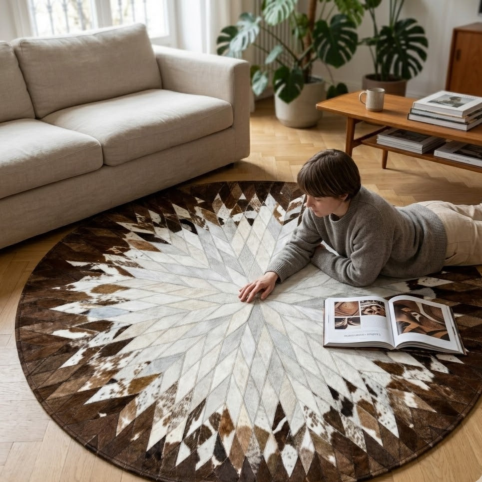 Tapis en cuir marron et blanc rond en situation dans un salon clair avec personne allongée