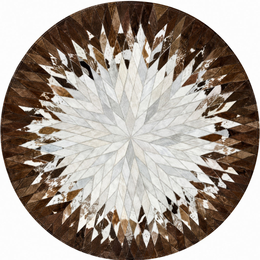 Tapis en cuir marron et blanc rond vue détail assemblage patchwork motif étoile