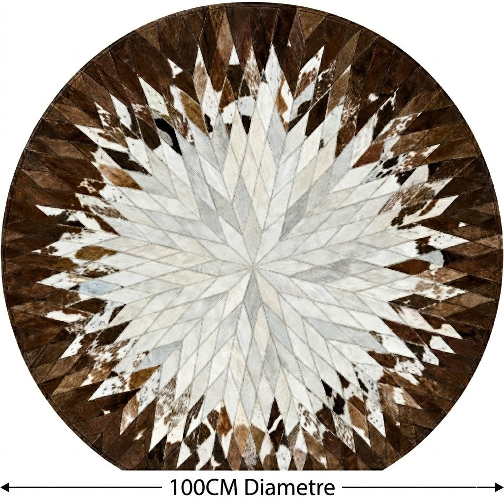 Tapis en cuir marron et blanc rond patchwork étoile diamètre 100 cm fond blanc
