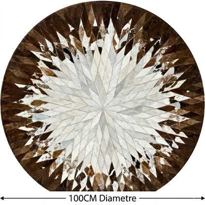 Tapis en cuir marron et blanc rond patchwork étoile diamètre 100 cm fond blanc