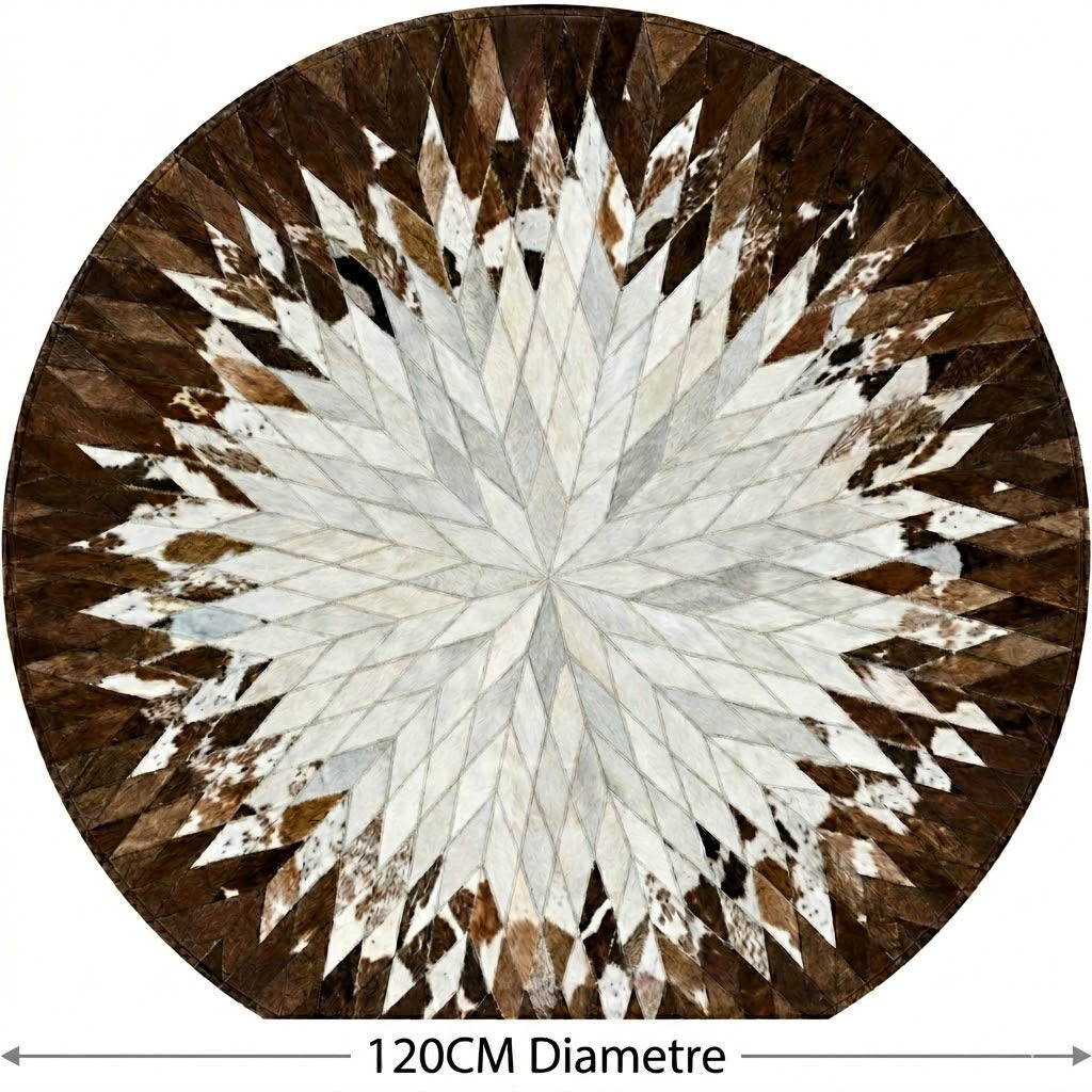 Tapis en cuir marron et blanc rond patchwork étoile diamètre 120 cm fond blanc