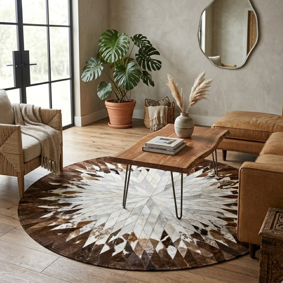 Tapis en cuir marron et blanc rond dans un salon chaleureux avec canapé et table basse en bois