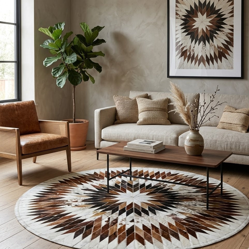 Tapis en cuir multicolore rond en situation dans un salon clair avec personne agenouillée