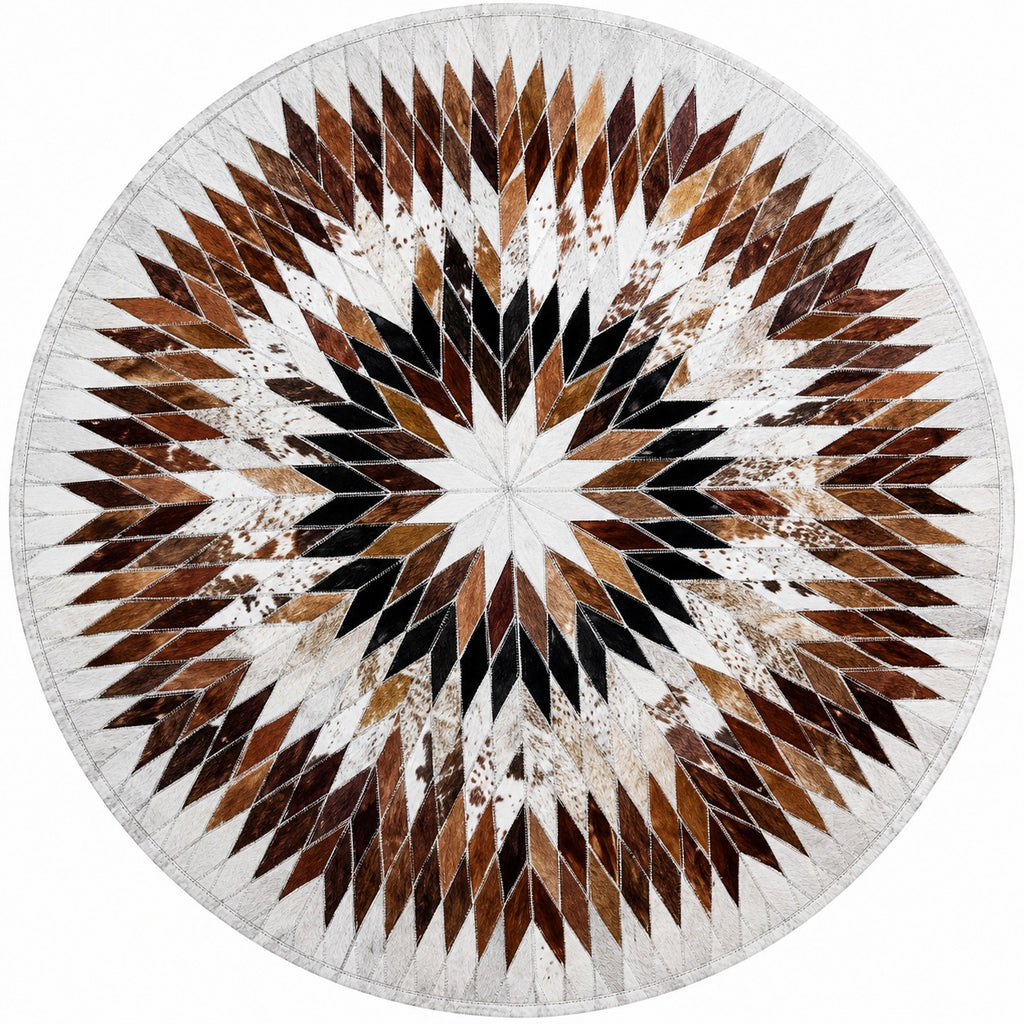 Tapis en cuir multicolore rond vue détail assemblage patchwork motif étoile blanc marron noir