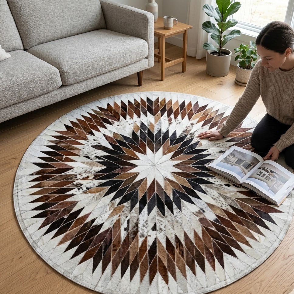 Tapis en cuir multicolore rond dans un salon moderne avec canapé et table basse en bois