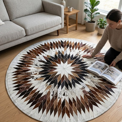 Tapis en cuir multicolore rond dans un salon moderne avec canapé et table basse en bois