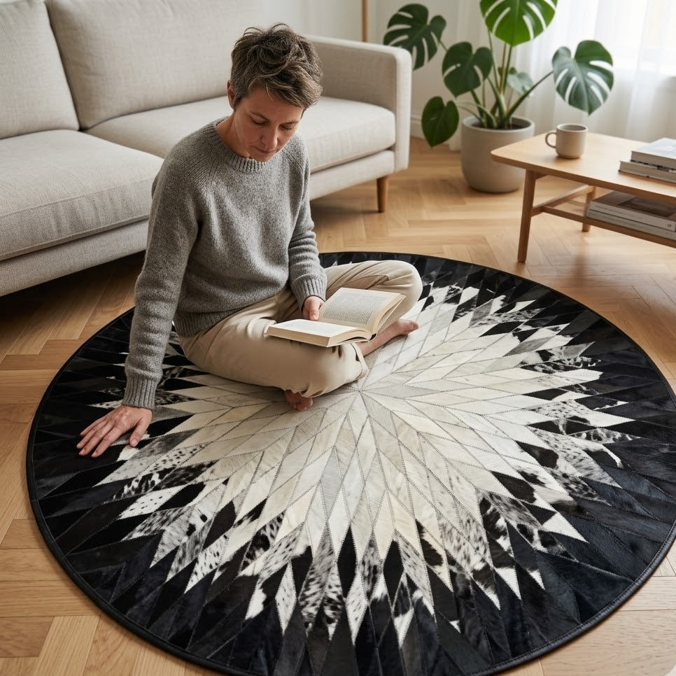 Tapis en cuir noir et blanc rond en situation dans un salon clair avec personne assise