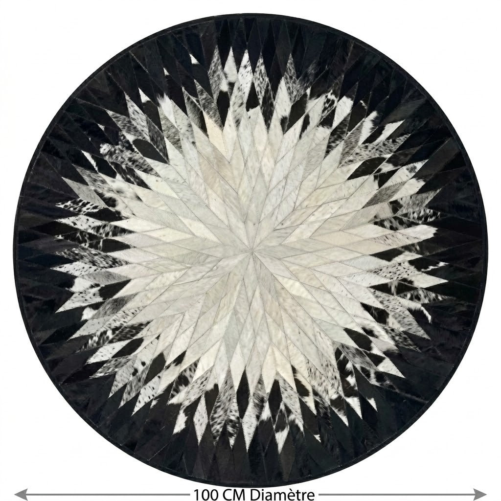 Tapis en cuir noir et blanc rond patchwork étoile diamètre 100 cm fond blanc