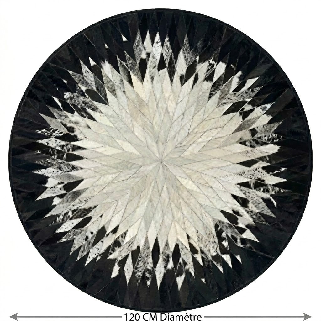 Tapis en cuir noir et blanc rond patchwork étoile diamètre 120 cm fond blanc