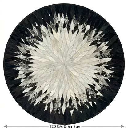 Tapis en cuir noir et blanc rond patchwork étoile diamètre 120 cm fond blanc