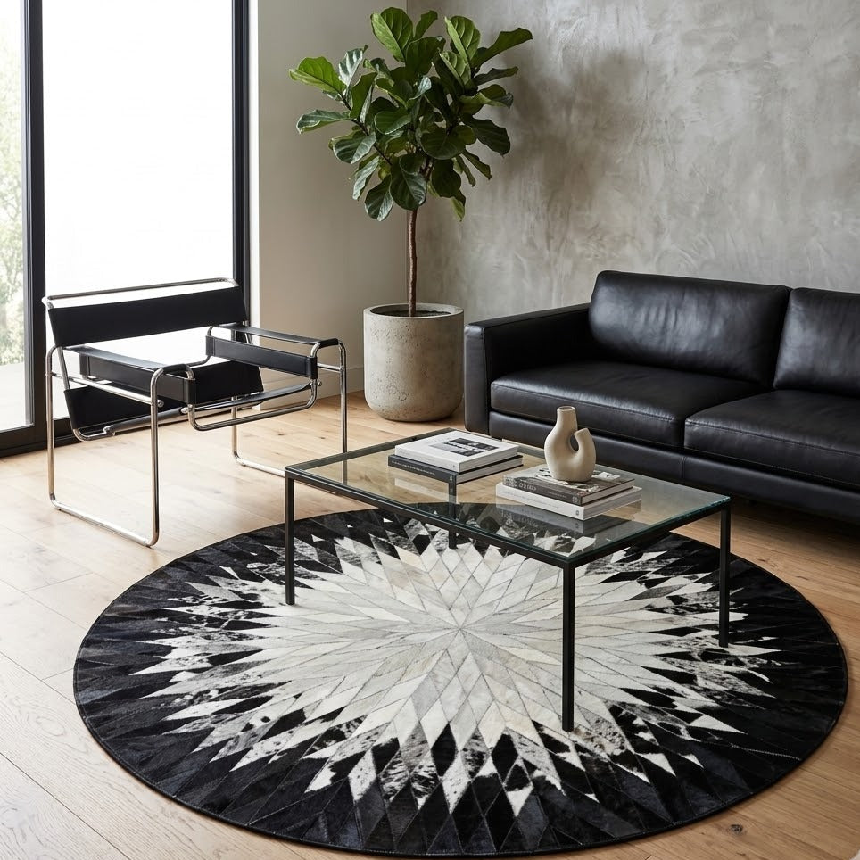 Tapis en cuir noir et blanc rond dans un salon moderne avec canapé et table basse