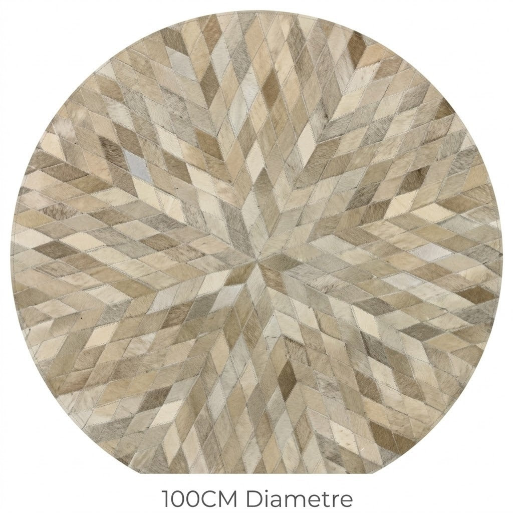 Tapis en cuir patchwork rond beige motifs losanges 100 cm vue de dessus