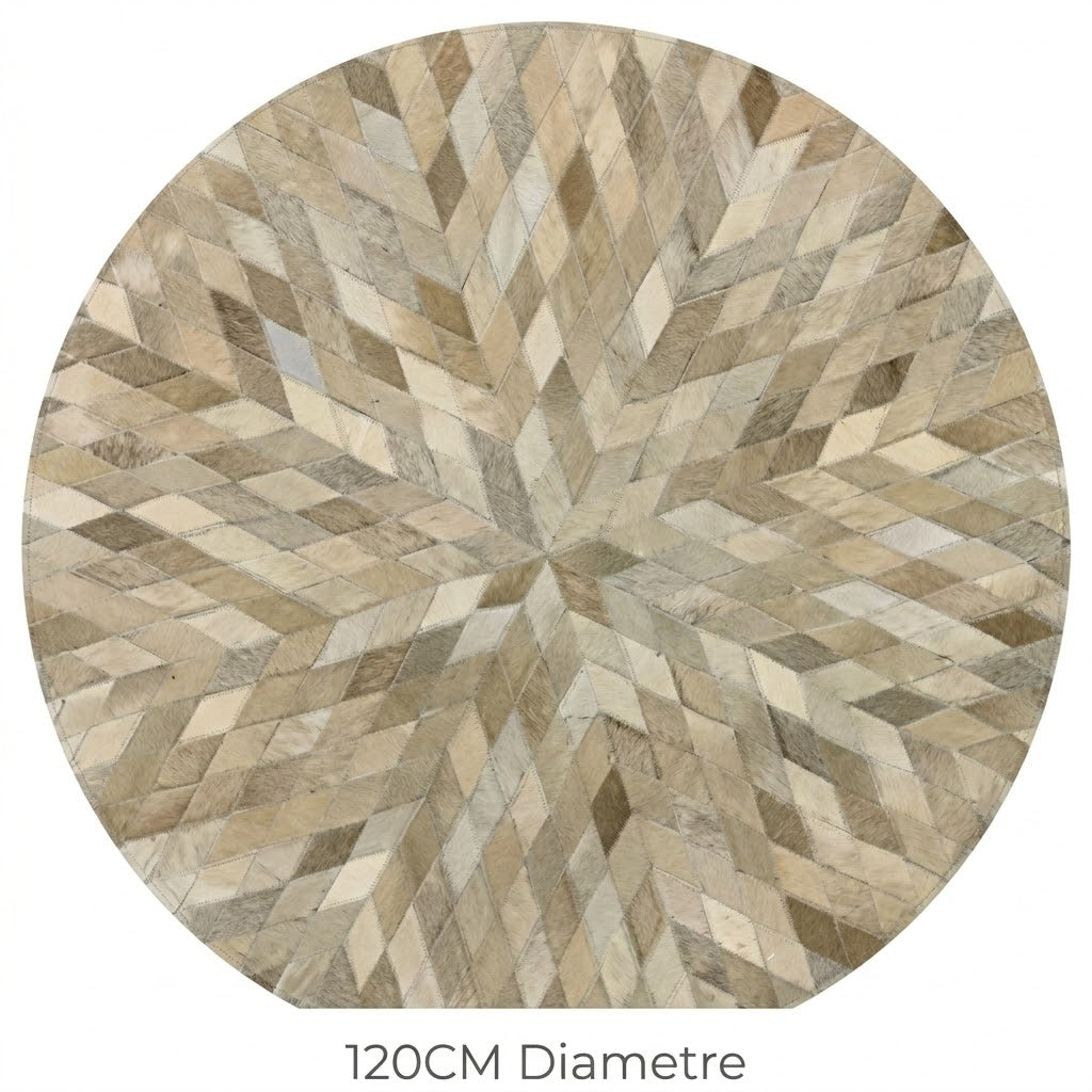 Tapis en cuir patchwork rond beige motifs losanges 120 cm vue de dessus