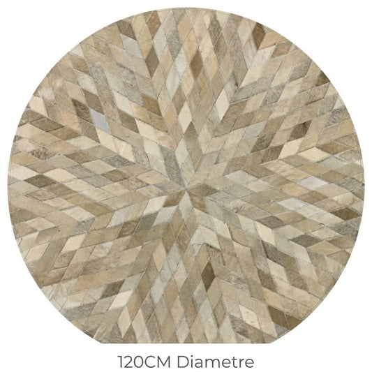 Tapis en cuir patchwork rond beige motifs losanges 120 cm vue de dessus