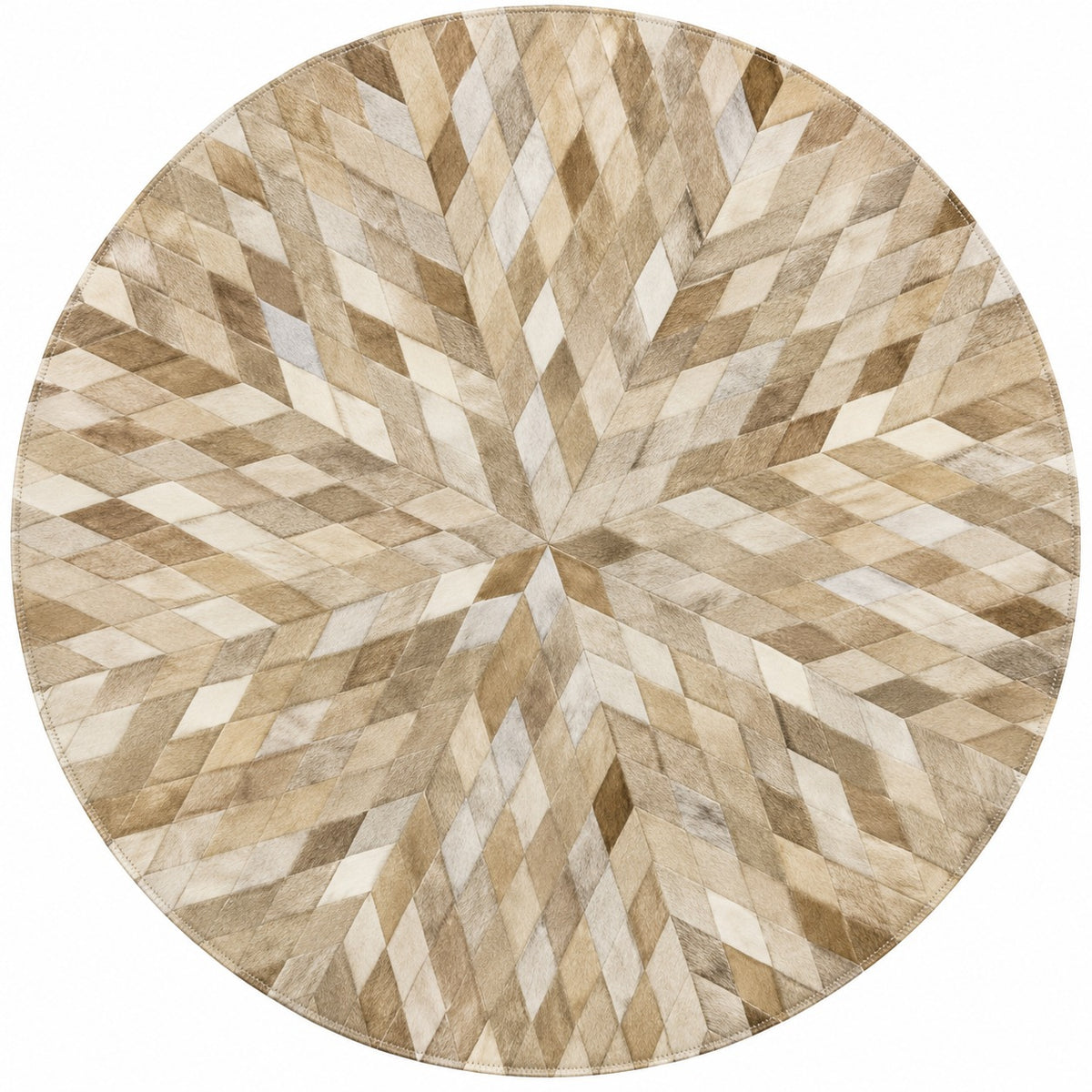 Vue de dessus tapis en cuir patchwork rond tons beige et sable naturel