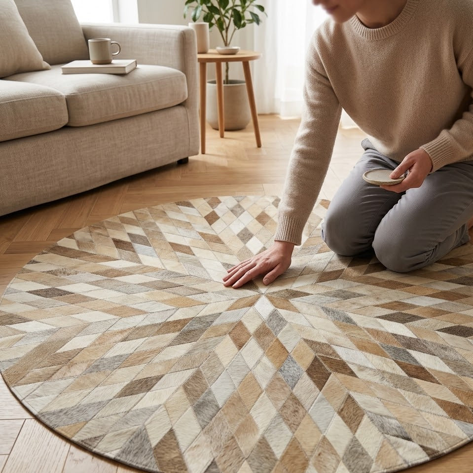 Tapis rond en cuir patchwork beige posé dans un salon avec personne