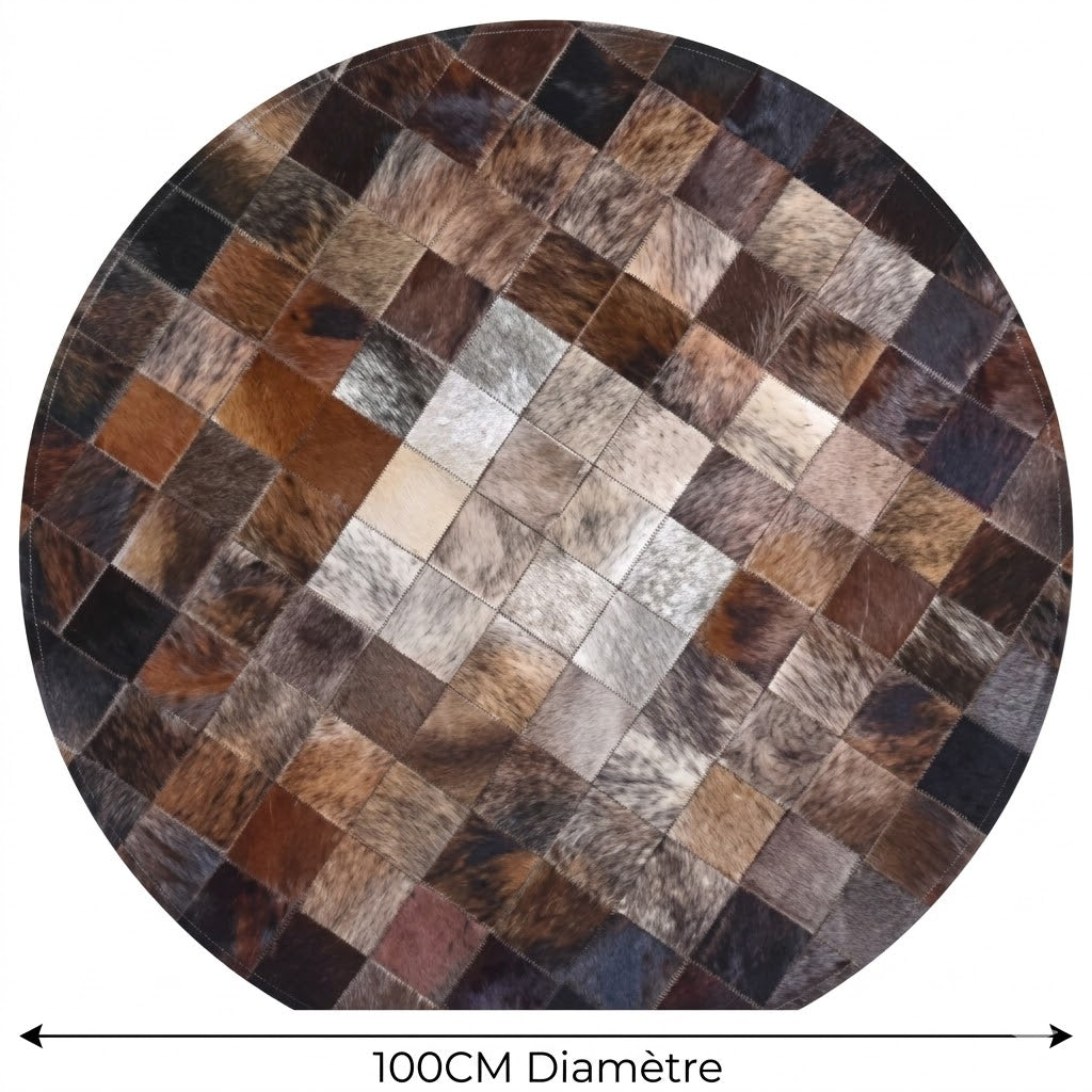 Vue de dessus tapis en cuir patchwork rond chocolat dégradé concentrique 100 cm