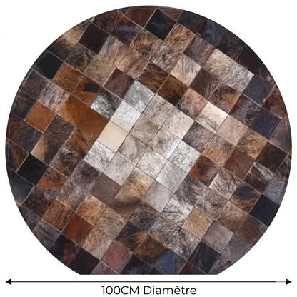 Vue de dessus tapis en cuir patchwork rond chocolat dégradé concentrique 100 cm