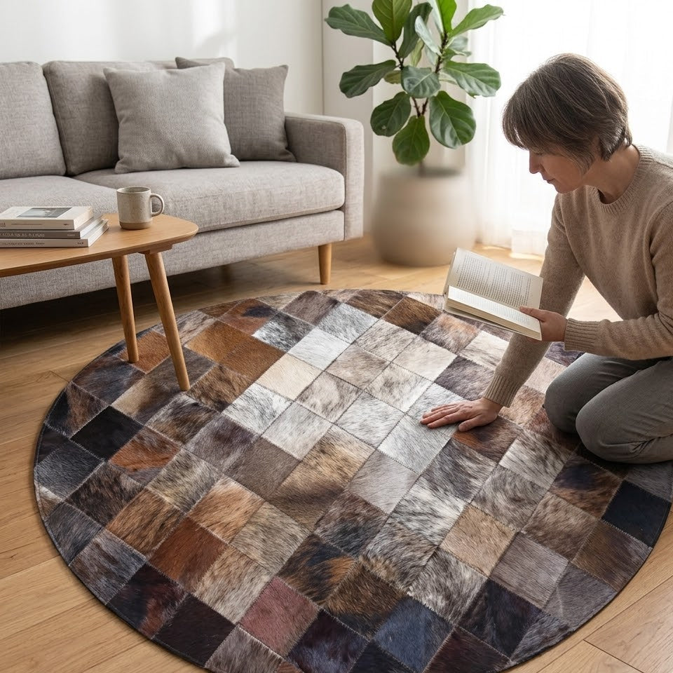 Tapis rond en cuir patchwork chocolat avec personne assise dans un salon