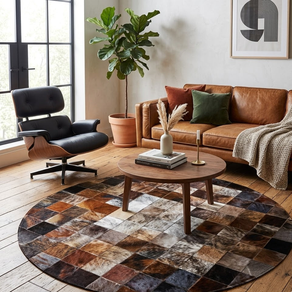 Tapis rond en cuir patchwork chocolat et marron dans un salon avec canapé en cuir