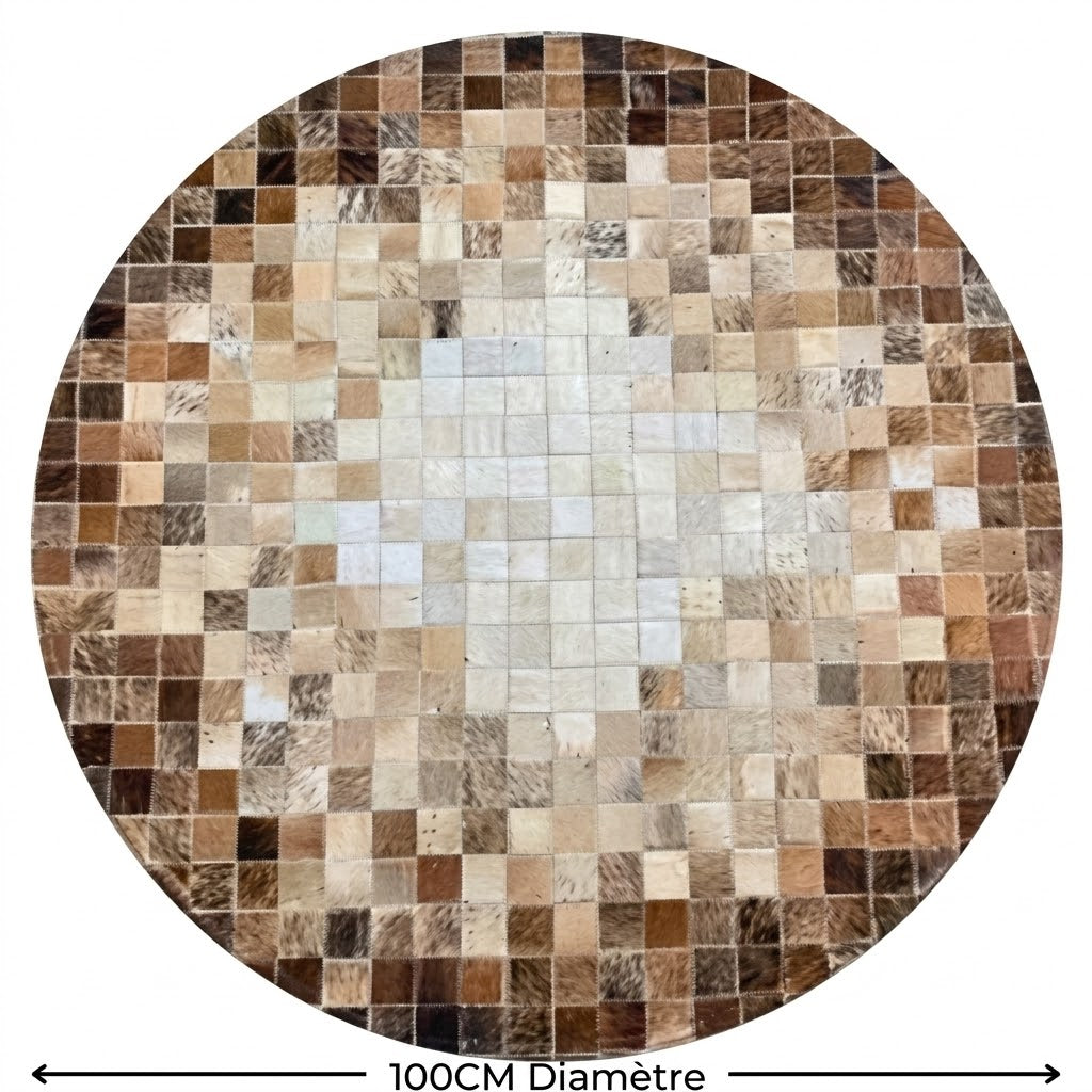 Vue de dessus tapis en cuir patchwork rond marron dégradé concentrique 100 cm