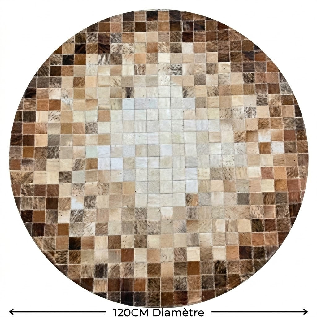 Vue de dessus tapis en cuir patchwork rond marron dégradé concentrique 120 cm