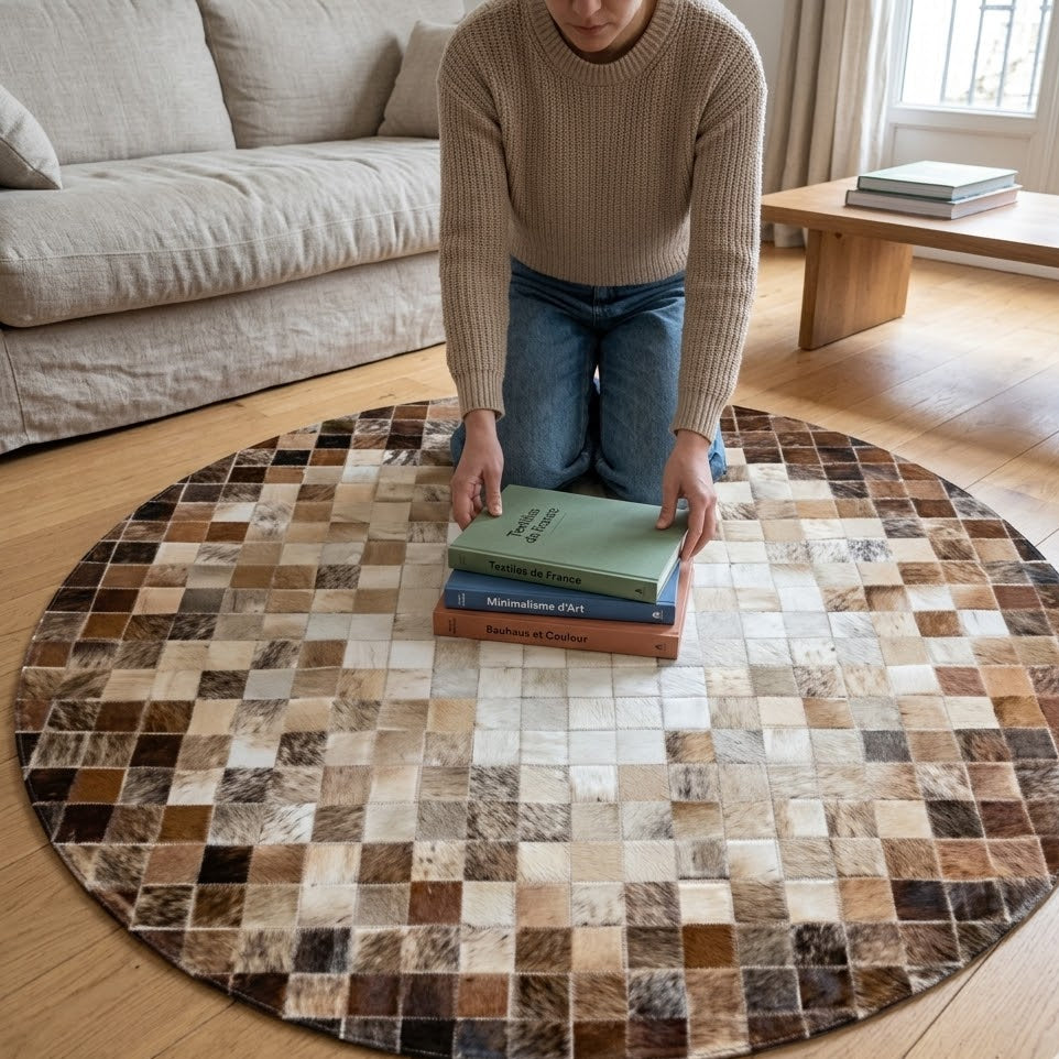 Tapis rond en cuir patchwork marron avec personne agenouillée dans un salon