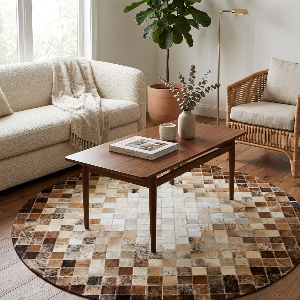 Tapis rond en cuir patchwork marron et beige dans un salon avec table basse en bois