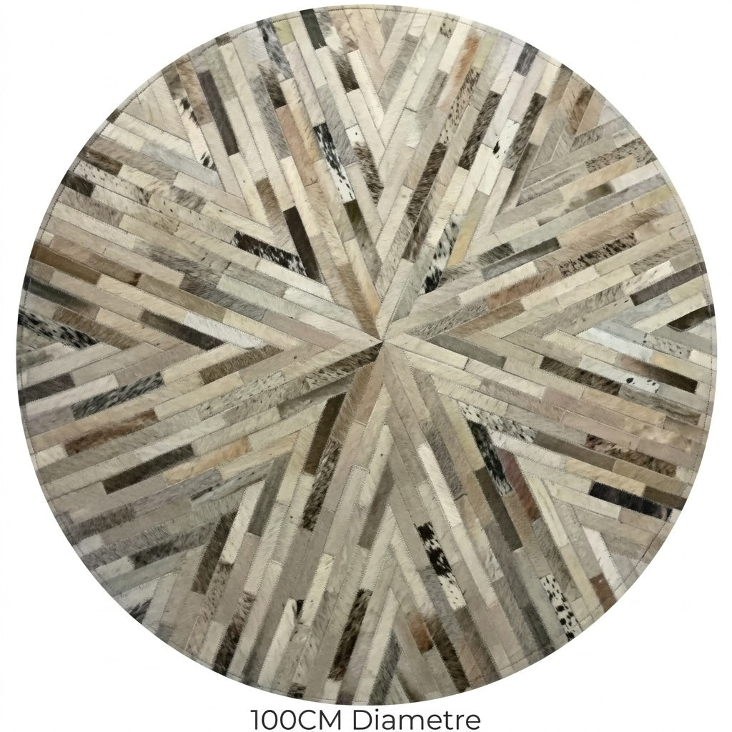Vue de dessus tapis en cuir patchwork rond multicolore motif étoile 100 cm