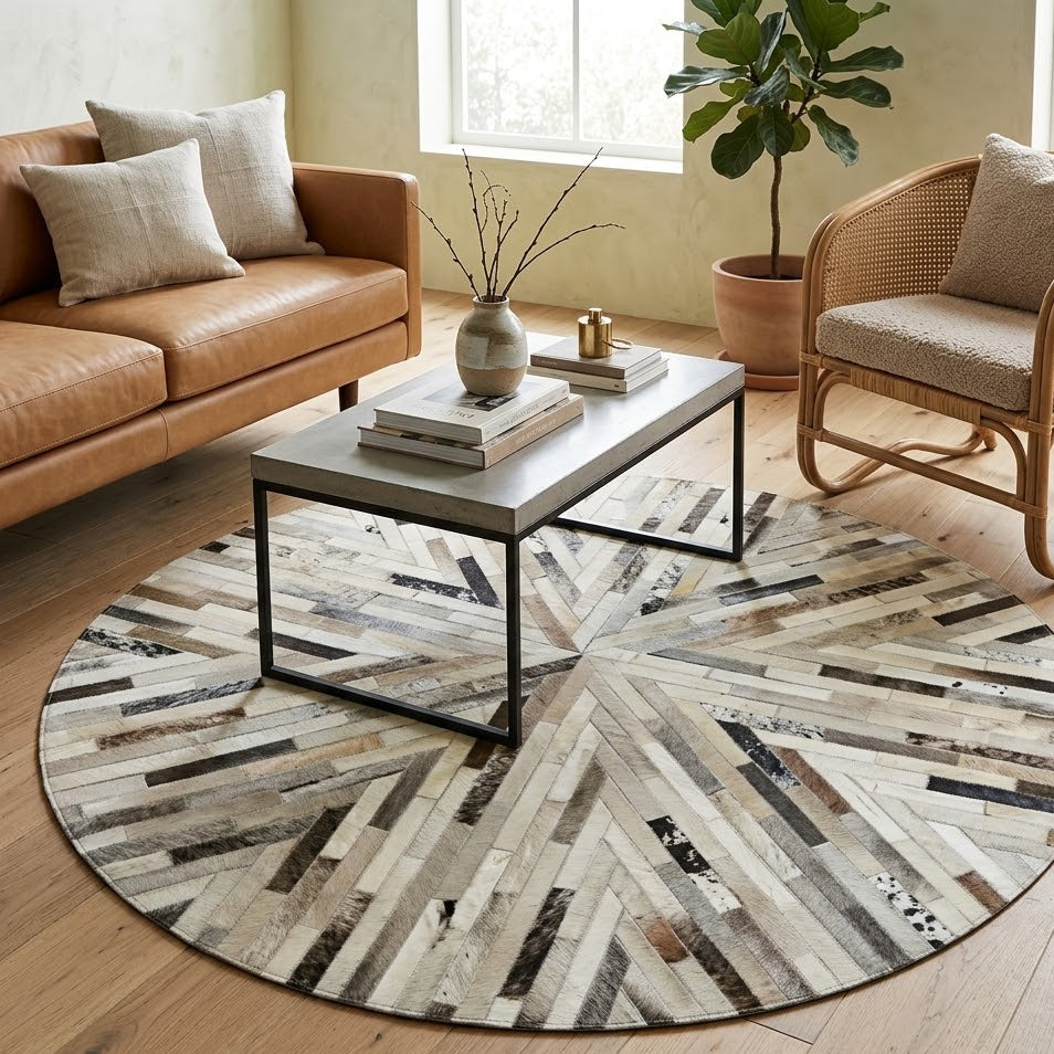 Tapis en cuir patchwork rond multicolore motifs rayonnants dans un salon avec canapé en cuir