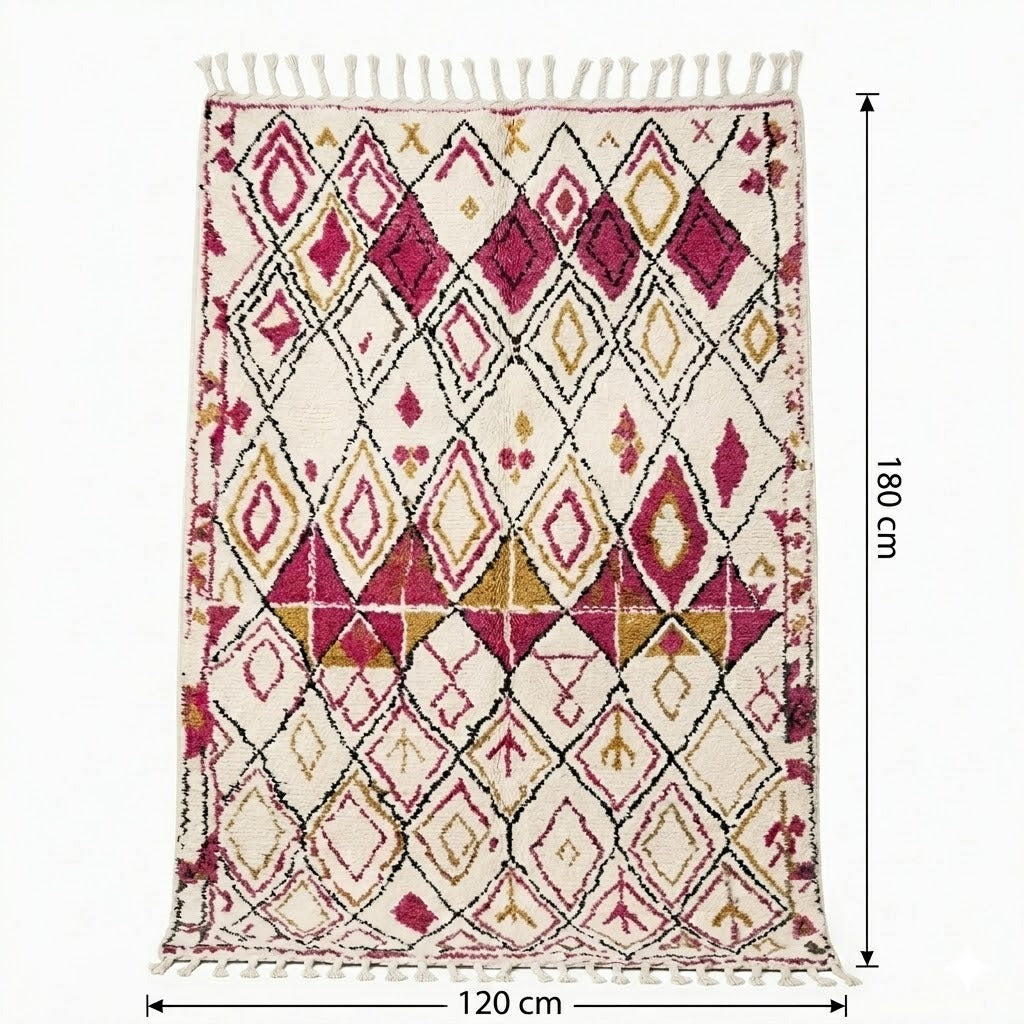 Tapis Azilal écru rose fuchsia 120x180 cm motif losanges à franges – Berbère Tapis