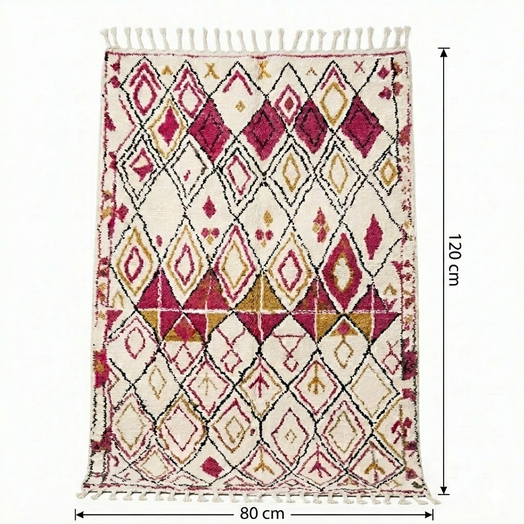 Tapis Azilal écru rose fuchsia 80x120 cm motif losanges à franges – Berbère Tapis