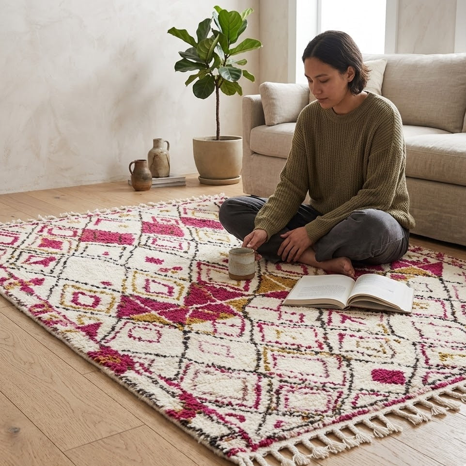 Tapis Azilal écru rose motif géométrique berbère en ambiance coin lecture – Berbère Tapis