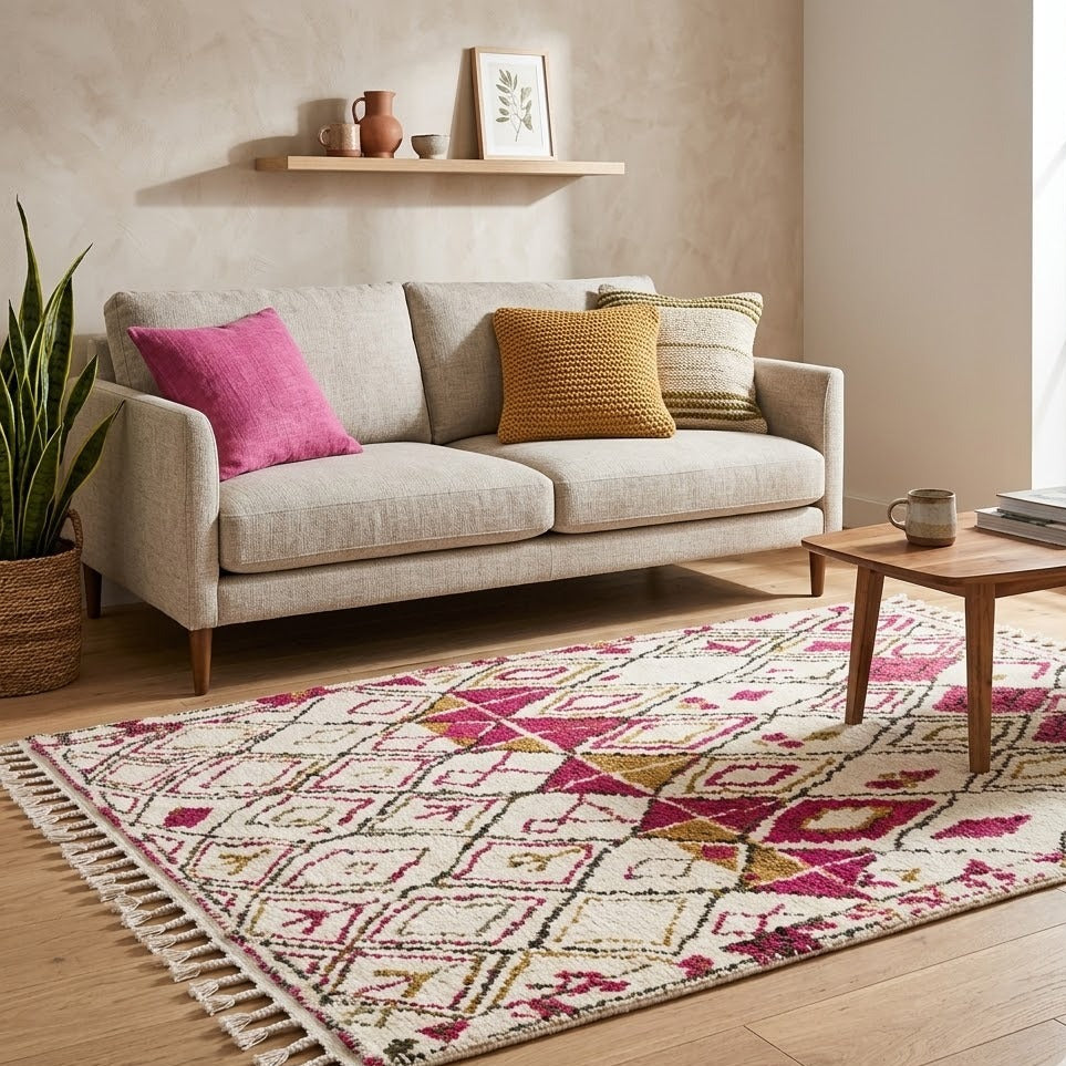 Tapis berbère Azilal écru rose en ambiance salon parquet – Berbère Tapis