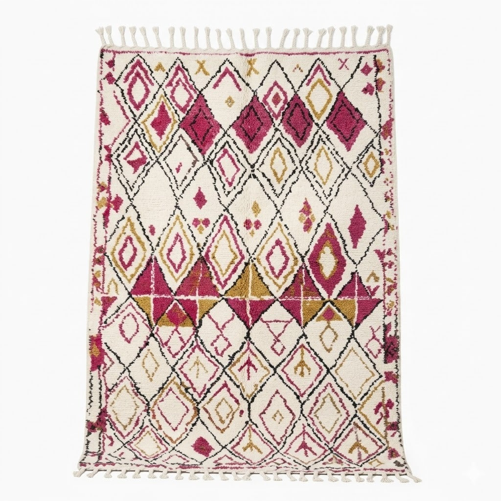 Tapis Azilal écru motif losanges rose fuchsia ocre doré à franges vue de face – Berbère Tapis